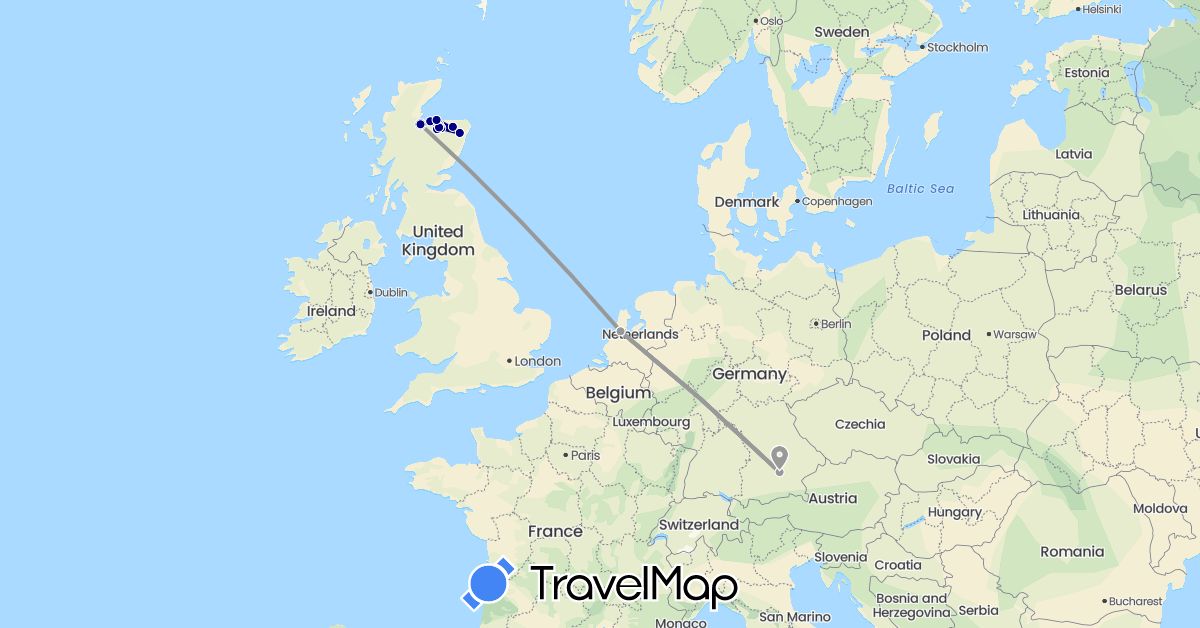 TravelMap itinerary: driving, plane in Germany, United Kingdom, Netherlands (Europe)